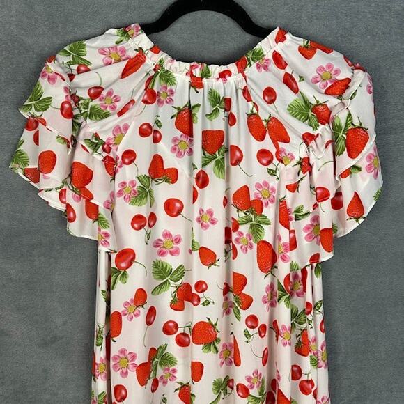Rose Olive Top Womens 1X White Strawberry Cherry Ruffle Summer Preppy Whimsy - Picture 6 of 14